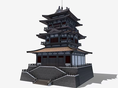 Traditional Oriental Five Story Pagoda With Intricate Wooden Eaves Stone Base And Steps 3d model