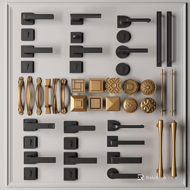 Various Black And Gold Door Handles With Different Shapes And Decorative Designs 3d model 