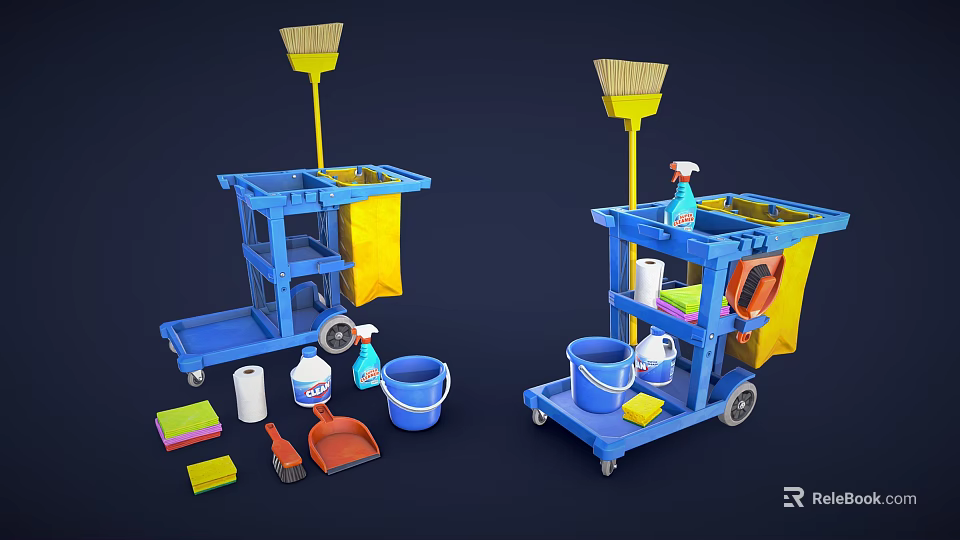 Blue Cleaning Carts With Brooms Spray Bottles Buckets And Cleaning Supplies 3d model 