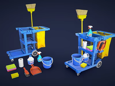 Blue Cleaning Carts With Brooms Spray Bottles Buckets And Cleaning Supplies 3d model