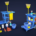 Blue Cleaning Carts With Brooms Spray Bottles Buckets And Cleaning Supplies