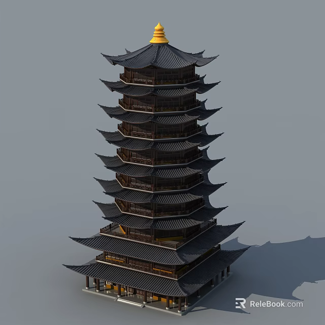 Traditional Chinese Multi tiered Pagoda With Curved Roofs Black Tiles And Golden Spire 3d model 