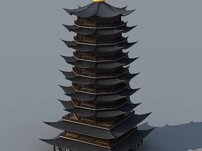 Traditional Chinese Multi tiered Pagoda With Curved Roofs Black Tiles And Golden Spire 3d model
