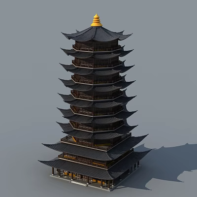 Traditional Chinese Multi tiered Pagoda With Curved Roofs Black Tiles And Golden Spire 3d model