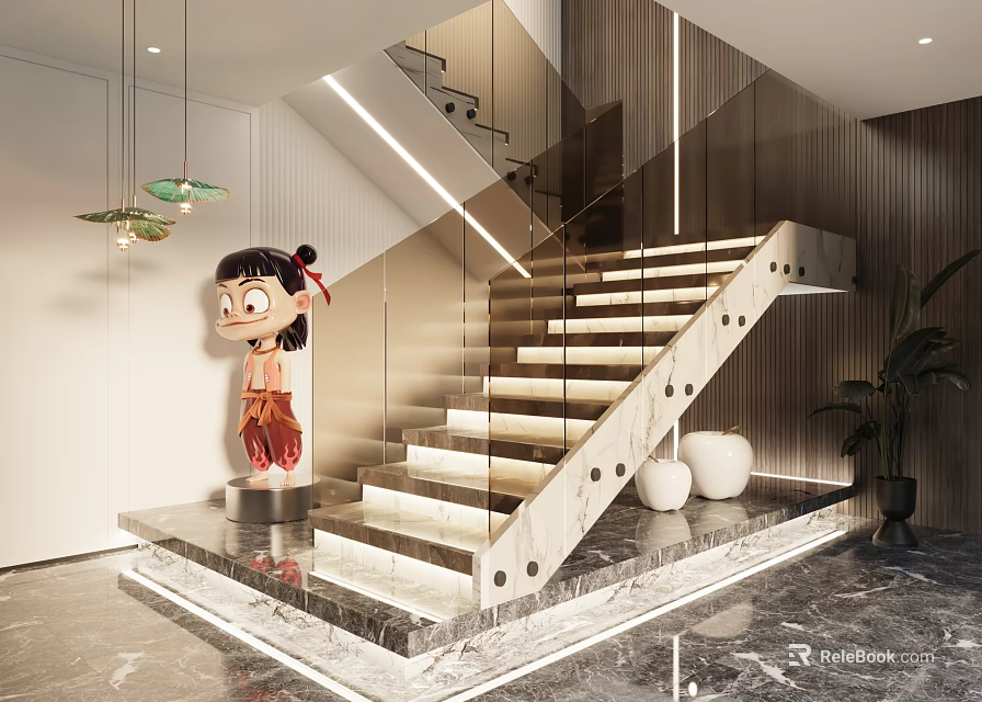 Elegant Modern Staircase Design With Glass Railing And Marble Steps Lighting 3d model