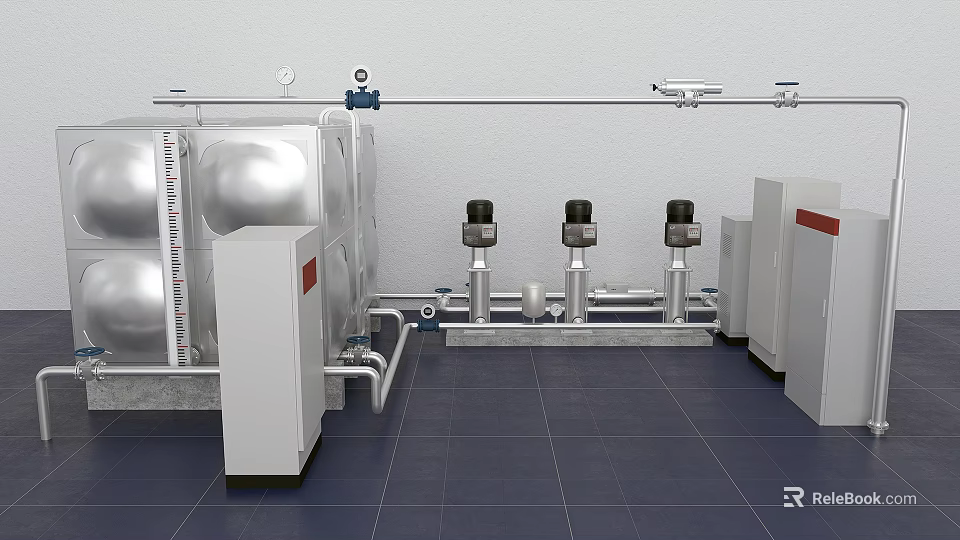 Industrial Plant Featuring Silver Water Tanks White Cabinets Metal Pipes Black Pumps Blue Tiled Floor 3d model 
