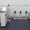 Industrial Plant Featuring Silver Water Tanks White Cabinets Metal Pipes Black Pumps Blue Tiled Floor