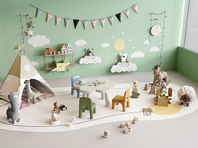 Kids Playroom Interior With Green Wall Teepee Bunting Flags Toys Small Table And Cloud Decor 3d model