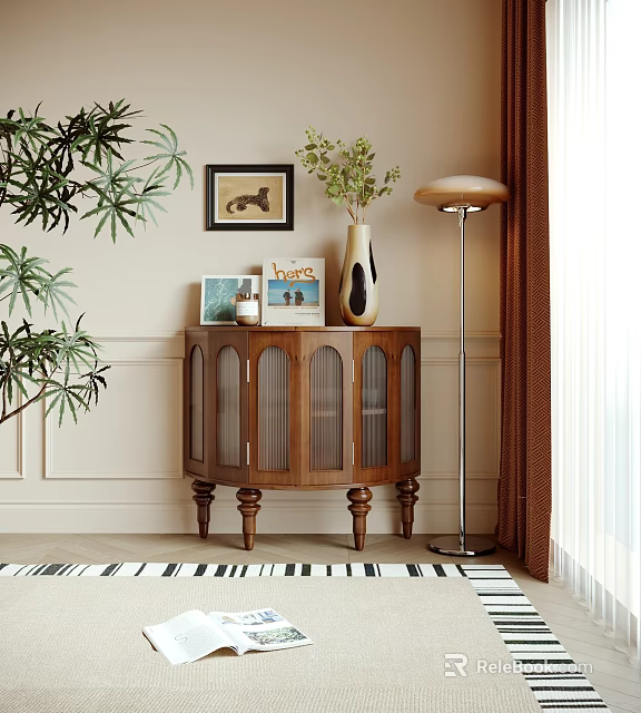 Wooden Console Cabinet With Glass Doors Vase Books Green Plant And Floor Lamp 3d model 