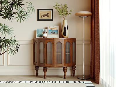 Wooden Console Cabinet With Glass Doors Vase Books Green Plant And Floor Lamp 3d model