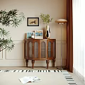Wooden Console Cabinet With Glass Doors Vase Books Green Plant And Floor Lamp