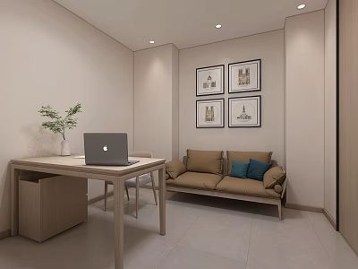 Modern Office Interior With Wooden Desk Laptop Plant Sofa And Wall Art 3d model