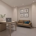 Modern Office Interior With Wooden Desk Laptop Plant Sofa And Wall Art