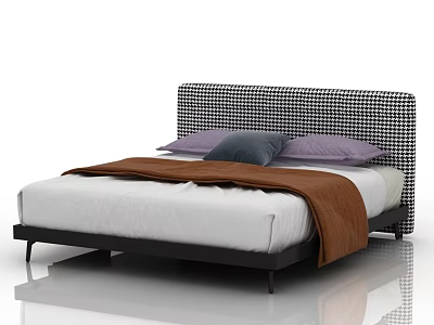 Modern Double Bed With Black and White Checkered Headboard Purple Gray Pillows and Brown Blanket 3d model