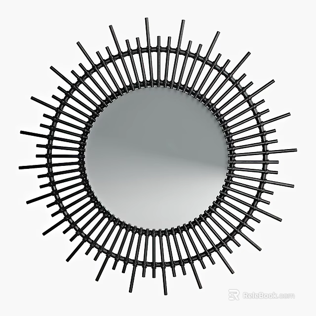 Modern Round Black Frame Decorative Wall Mirror With Radiant Spiked Lines Design 3d model