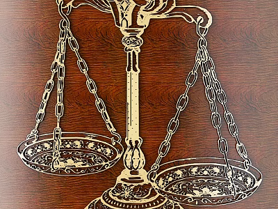 Intricate Carved Scales With Ornate Plates Chains And Wooden Background 3d model