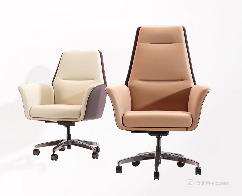 Modern Ergonomic Leather Office Chairs in Beige and Brown with Swivel Base and Armrests 3d model 