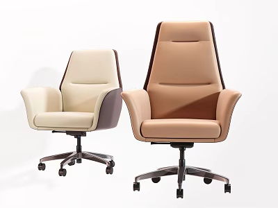 Modern Ergonomic Leather Office Chairs in Beige and Brown with Swivel Base and Armrests 3d model
