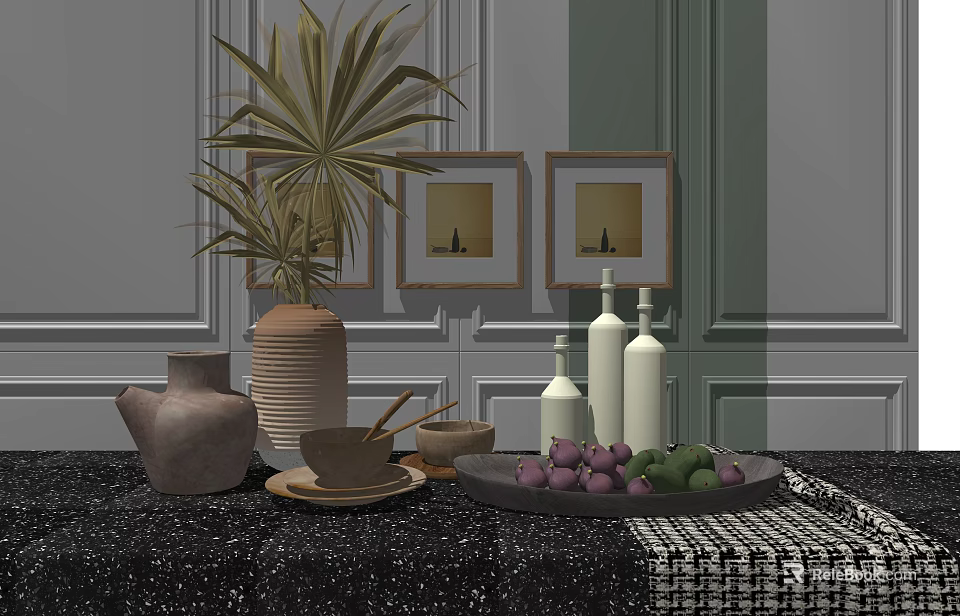 Decorative Ornament Set Featuring Palm Plant Framed Pictures White Bottles Clay Pots and Fruit Tray 3d model 