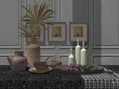 Decorative Ornament Set Featuring Palm Plant Framed Pictures White Bottles Clay Pots and Fruit Tray 3d model