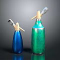 Blue And Green Spray Bottles With Metal Nozzles As Kitchen Equipment