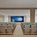 Spacious Conference Room Featuring Arranged Seats Wooden Walls Circular Logo And Bright Ceiling Lighting