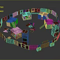 Circular Wooden Fence Enclosed Small Houses Tents Scattered Items And A Sign