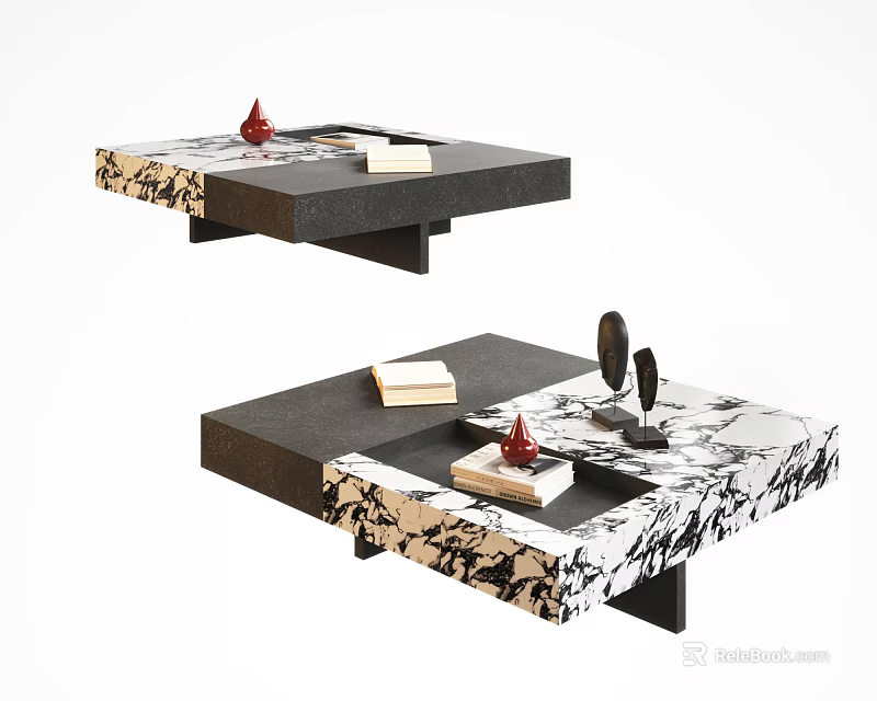 Two Tier Modern Coffee Table With Black White Marble Top And Decorative Books Sculptures 3d model 