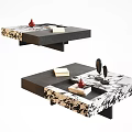 Two Tier Modern Coffee Table With Black White Marble Top And Decorative Books Sculptures