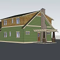 Two Story Single Family House With Green Exterior Brown Roof Chimney Porch And Garage