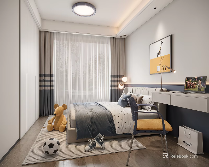 Cozy Kids Room Interior With Bed Teddy Bear Soccer Ball Desk Chair Rug And Painting 3d model 