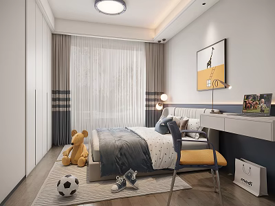 Cozy Kids Room Interior With Bed Teddy Bear Soccer Ball Desk Chair Rug And Painting 3d model