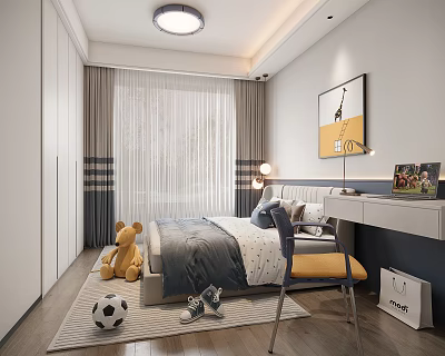 Cozy Kids Room Interior With Bed Teddy Bear Soccer Ball Desk Chair Rug And Painting 3d model