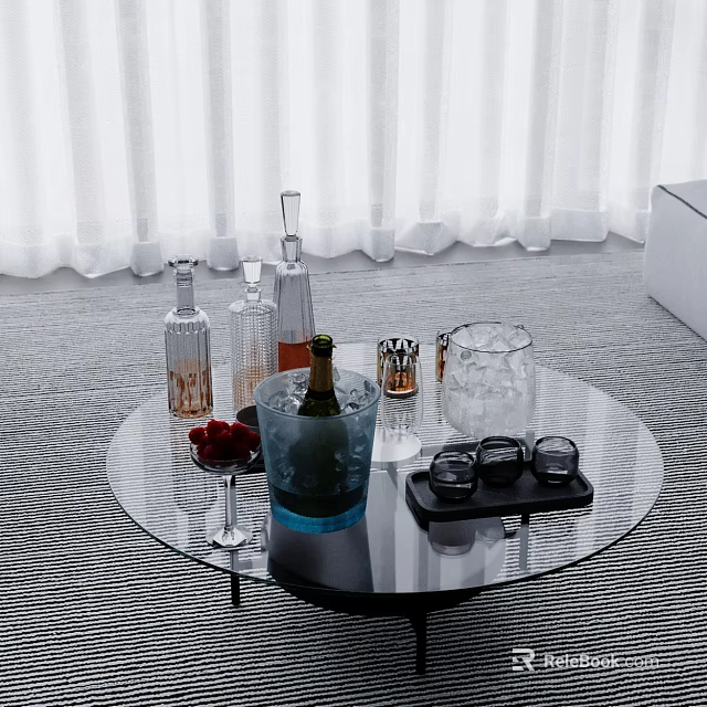 Stylish Wine Bottles And Glasses On Round Glass Table With Ice Bucket And Strawberries 3d model 