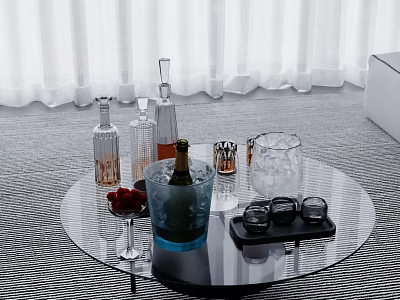 Stylish Wine Bottles And Glasses On Round Glass Table With Ice Bucket And Strawberries 3d model
