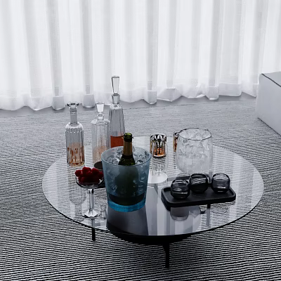 Stylish Wine Bottles And Glasses On Round Glass Table With Ice Bucket And Strawberries 3d model