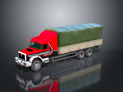 Red Truck With Green Tarp Covered Cargo Bed And Reflective Exterior 3d model