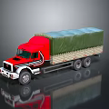 Red Truck With Green Tarp Covered Cargo Bed And Reflective Exterior