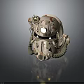 Ornate Beige Mechanical Helmet With Red Patterns Golden Accents And Tube Decorations