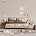 Modern Double Bed Bedroom Setup With Wooden Headboard Pillows Nightstands Pendant Light And Wall Art