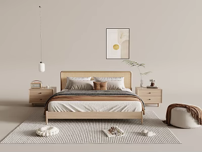 Modern Double Bed Bedroom Setup With Wooden Headboard Pillows Nightstands Pendant Light And Wall Art 3d model