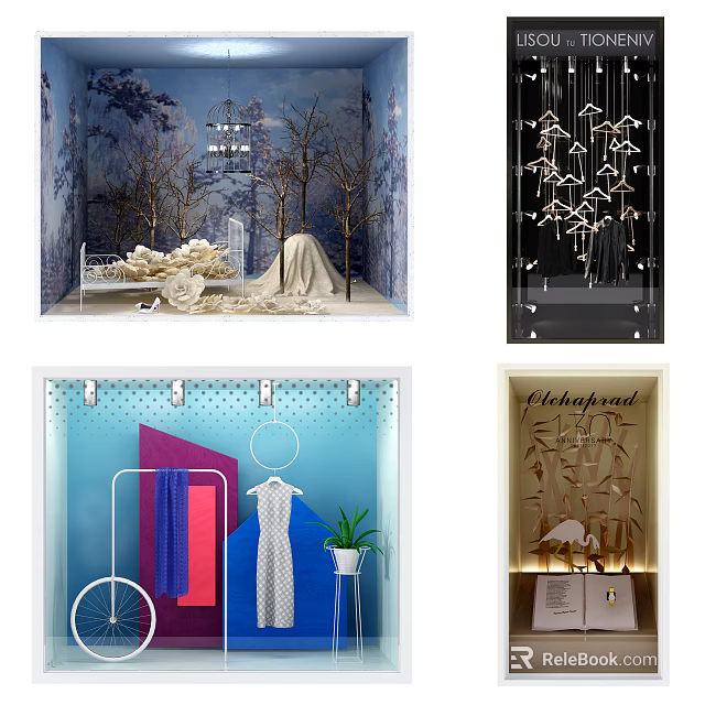 Artistic Window Display With Tree Decorations Colorful Fabrics And Geometric Hanging Ornaments 3d model 