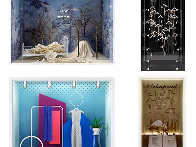 Artistic Window Display With Tree Decorations Colorful Fabrics And Geometric Hanging Ornaments 3d model