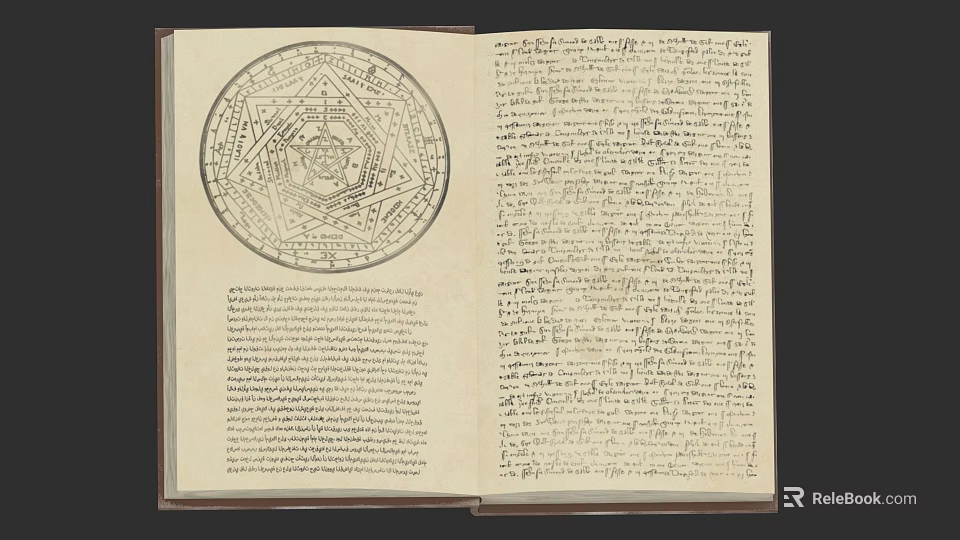 Open Ancient Book Featuring Hand Drawn Circular Diagram And Handwritten Text 3d model 
