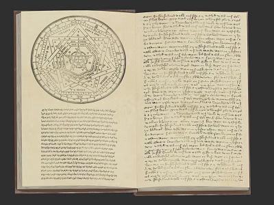 Open Ancient Book Featuring Hand Drawn Circular Diagram And Handwritten Text 3d model