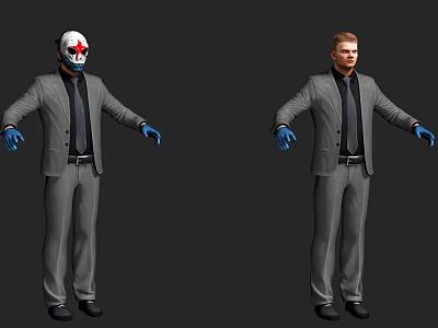 Game Movie Character Two Masked And Unmasked Men Wearing Gray Suit With Blue Gloves 3d model