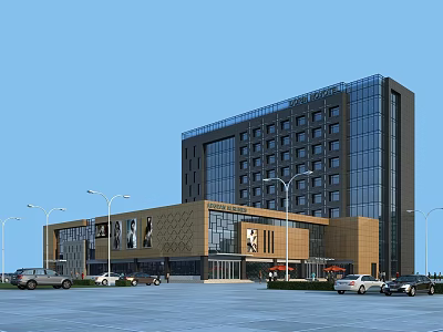Modern High Rise Office Building With Glass Curtain Walls Commercial Front And Parking Area 3d model