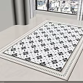 Square Carpet With Black And White Floral Pattern Border In Bright Room With City View