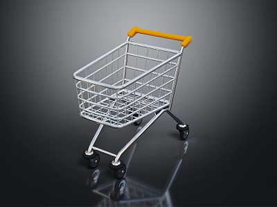 Silver Metal Shopping Cart With Yellow Handle And Four Wheels For Retail Use 3d model