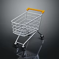 Silver Metal Shopping Cart With Yellow Handle And Four Wheels For Retail Use